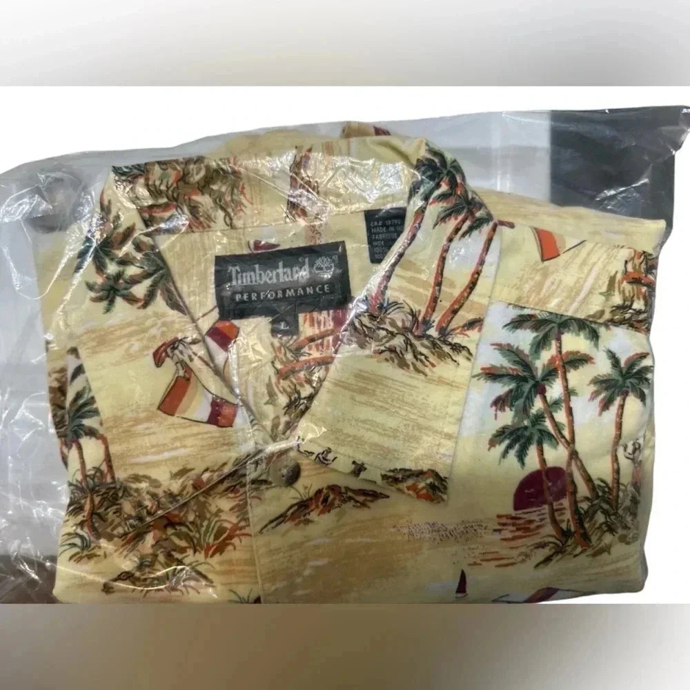Timberland Performance Yellow Hawaiian Shirt Button Down Tropical Cotton NWOT - Picture 3 of 9